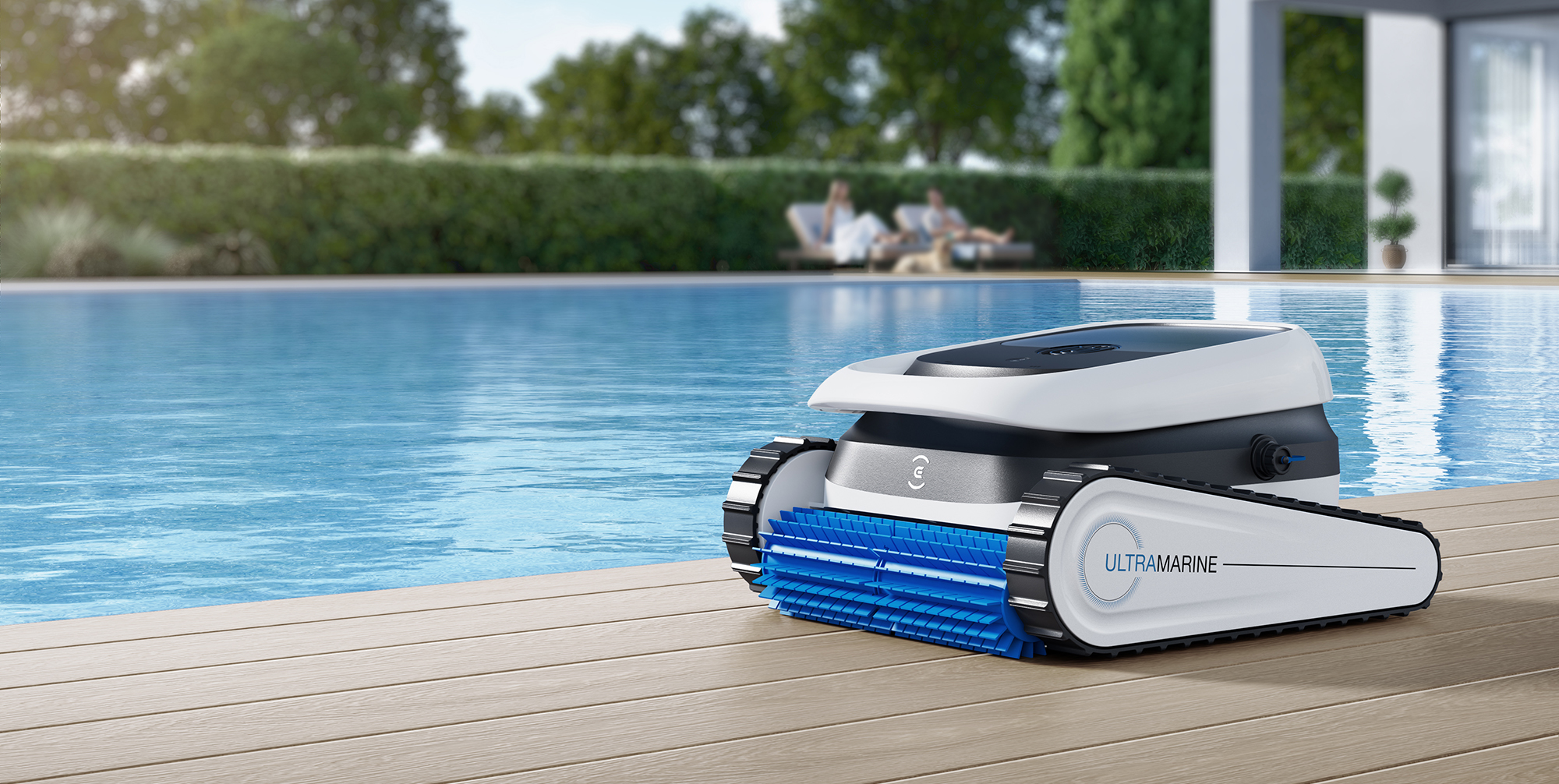 A robot on a deck near a pool