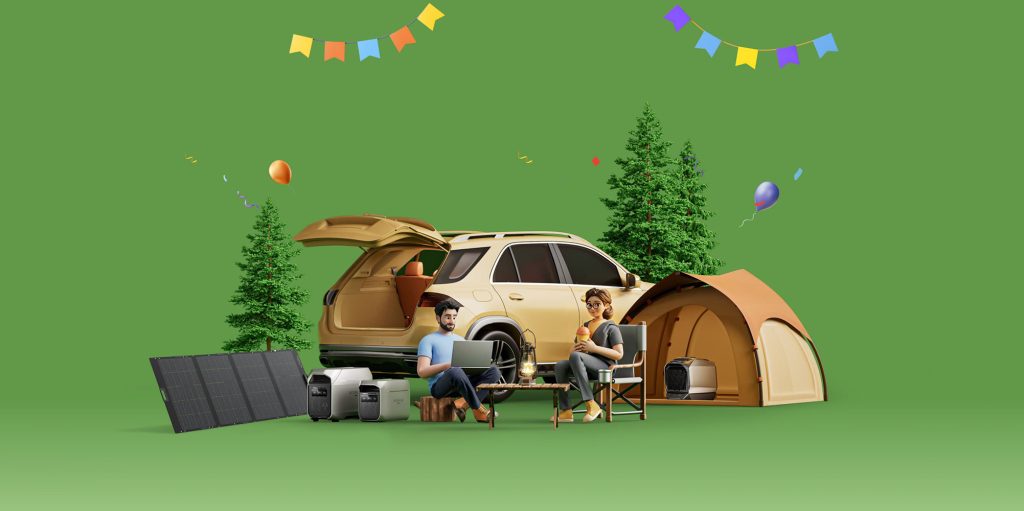 A man and woman sitting in chairs in front of a car with a tent