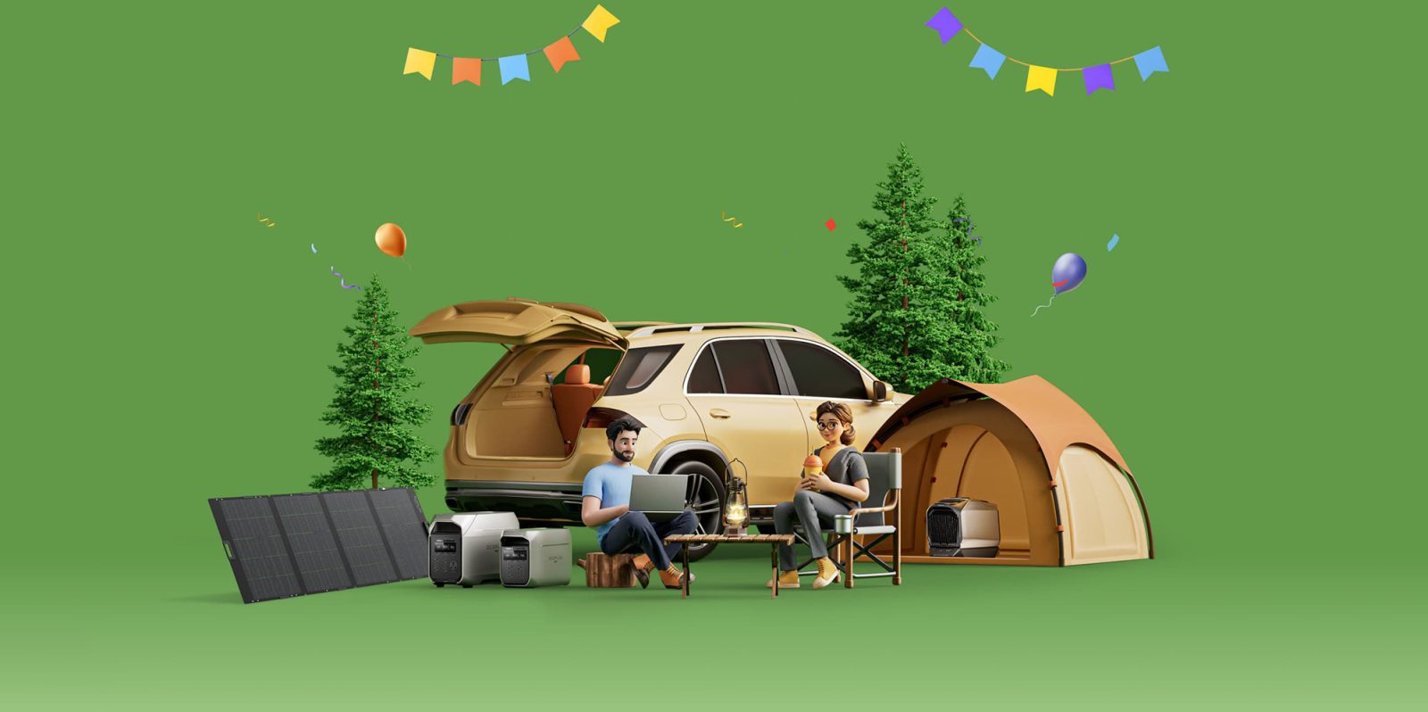 A man and woman sitting in chairs in front of a car with a tent