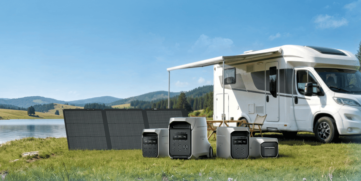 A group of electrical devices in front of a camper