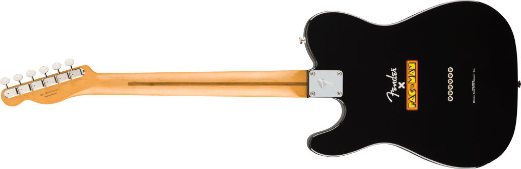 A black electric guitar with a wooden handle