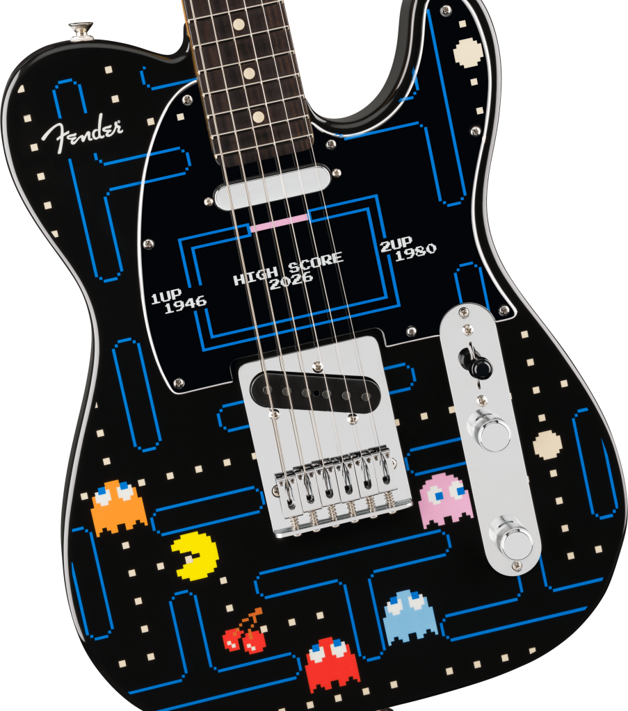 A black guitar with a video game graphics on it