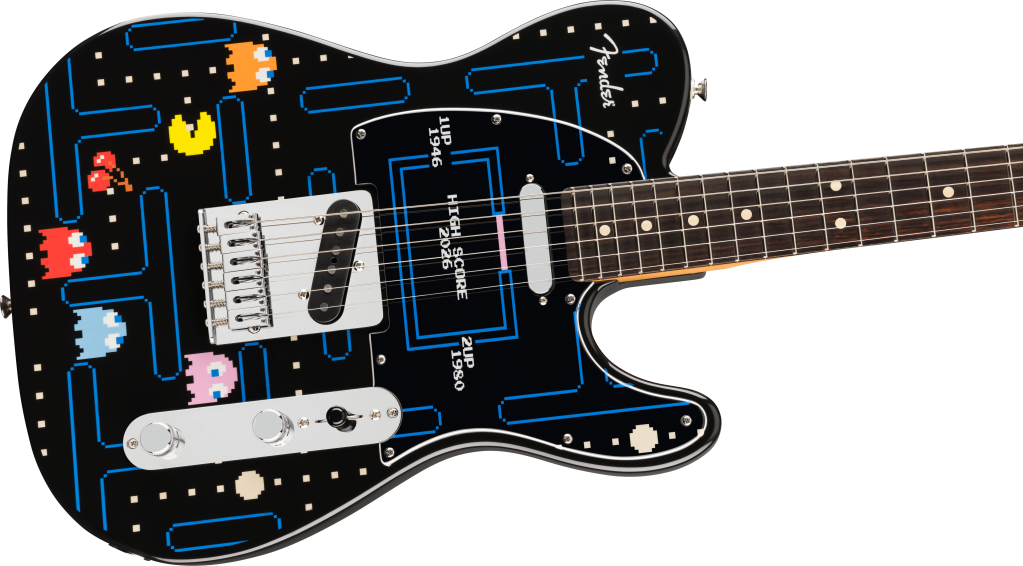 A black electric guitar with blue lines on it