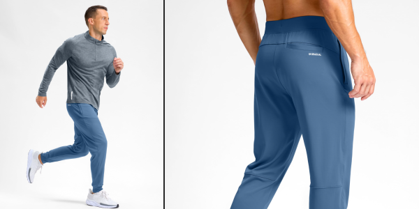 A man running in a blue sweatpants