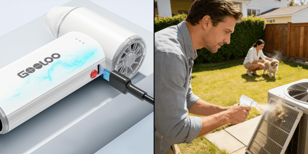 A man using a device to charge a lawn