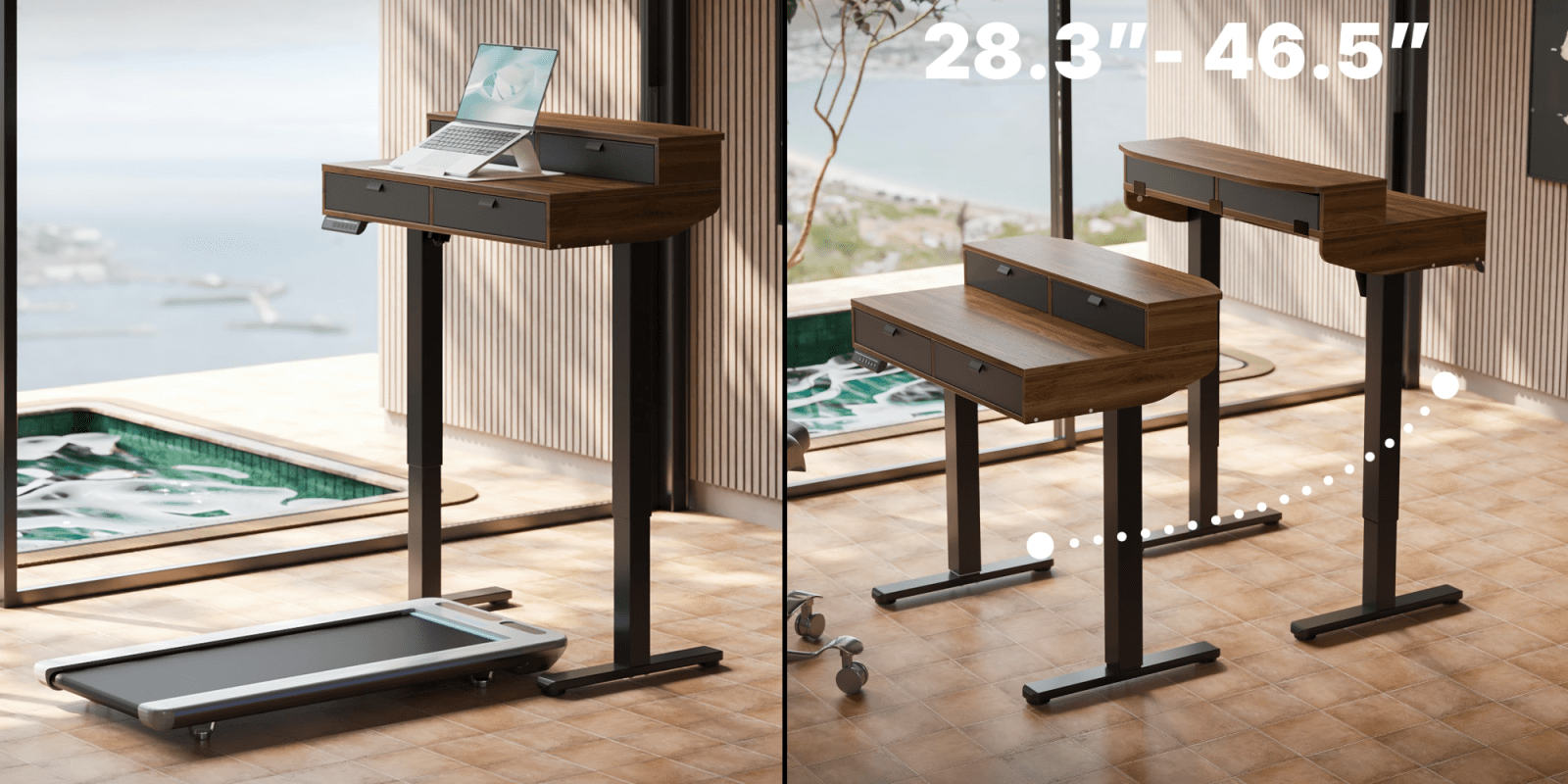 A computer desk with a step-up step