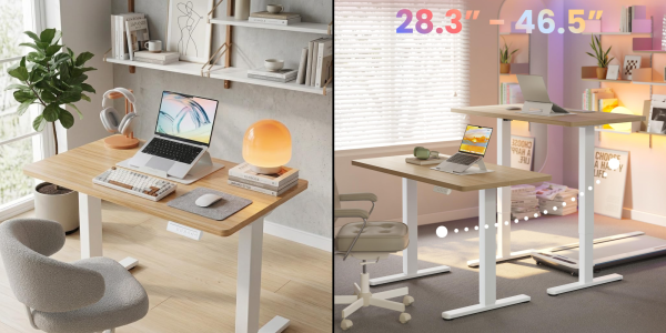 A collage of a desk with a laptop and a chair