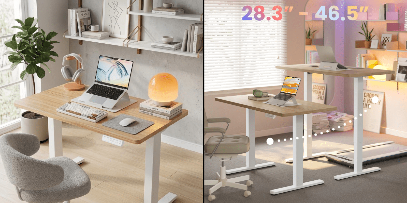A collage of a desk with a laptop and a chair