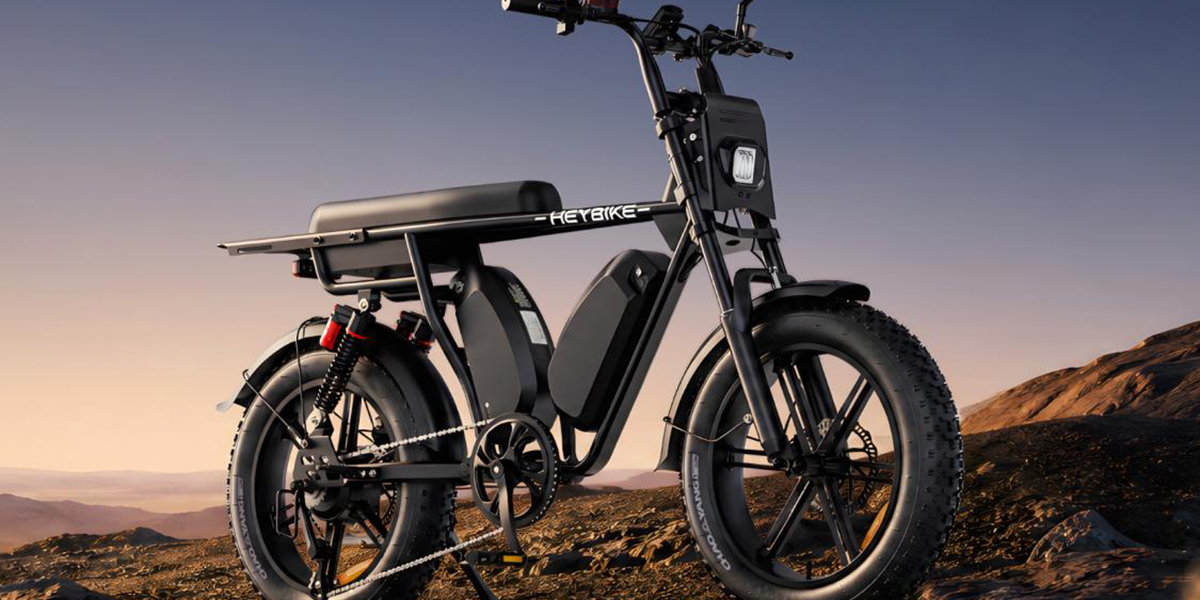 A black electric bike on a rocky terrain
