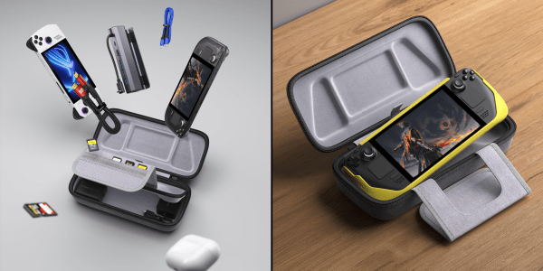 A video game console in a case