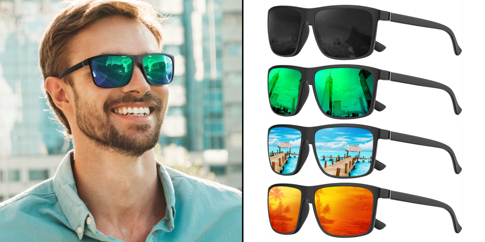 A man wearing sunglasses with different sunglasses