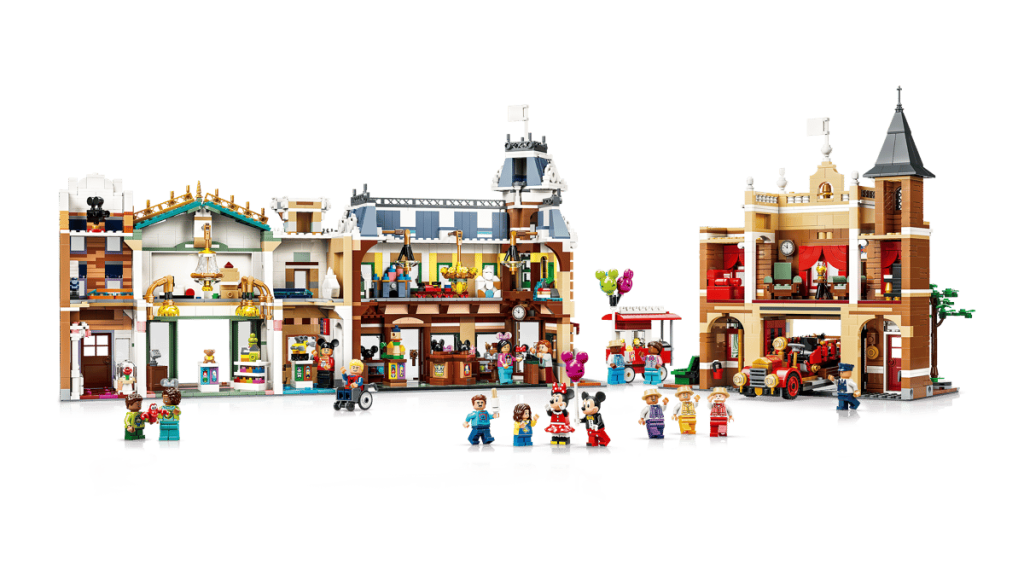 A group of lego buildings