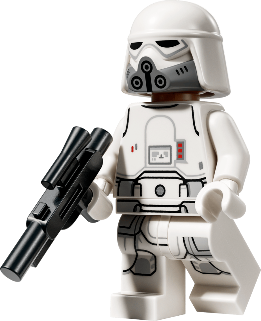 A toy figurine of a white robot with a black gun