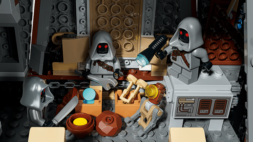 A lego figures with red eyes and a flashlight