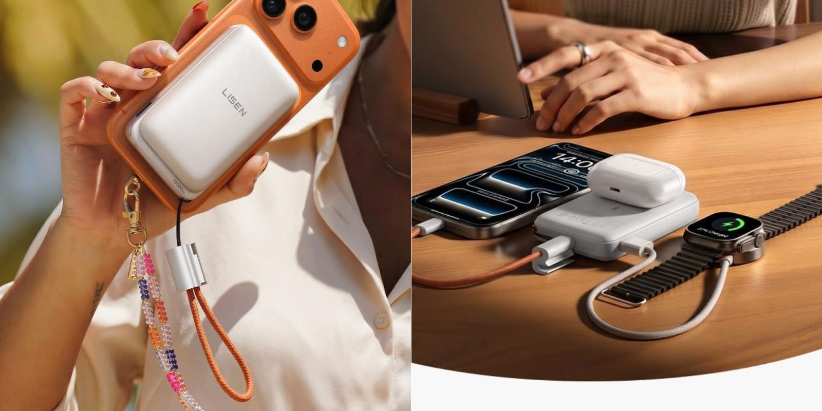 A person holding an orange and white device