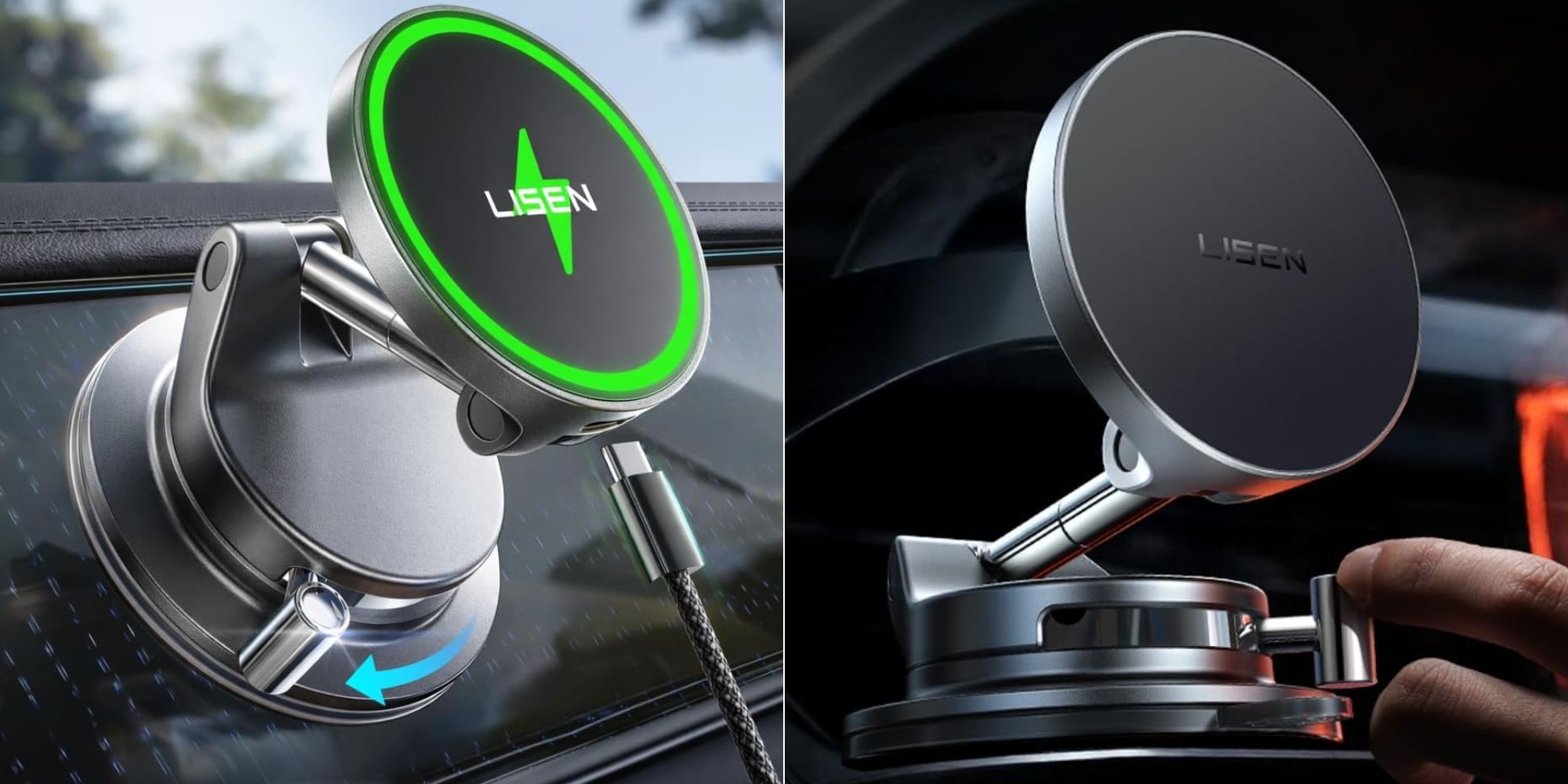 Image showing renders of LISEN's 15W suction mount car charger.
