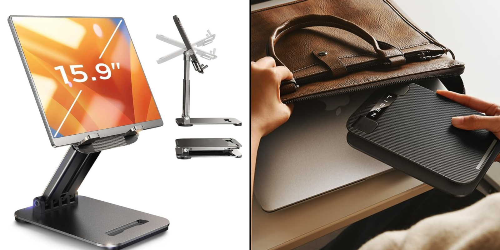 A laptop and a hand holding a purse