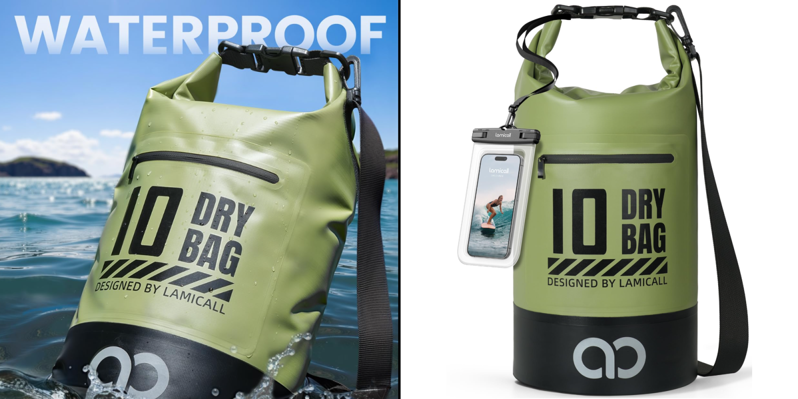 A waterproof bag with a phone attached to it