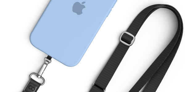 A blue phone with a black strap