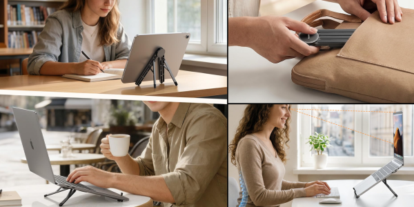 A collage of people working on a laptop