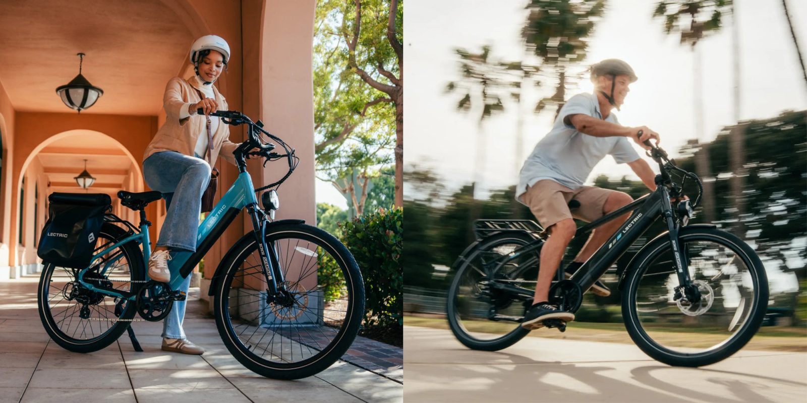 A collage of people riding bicycles