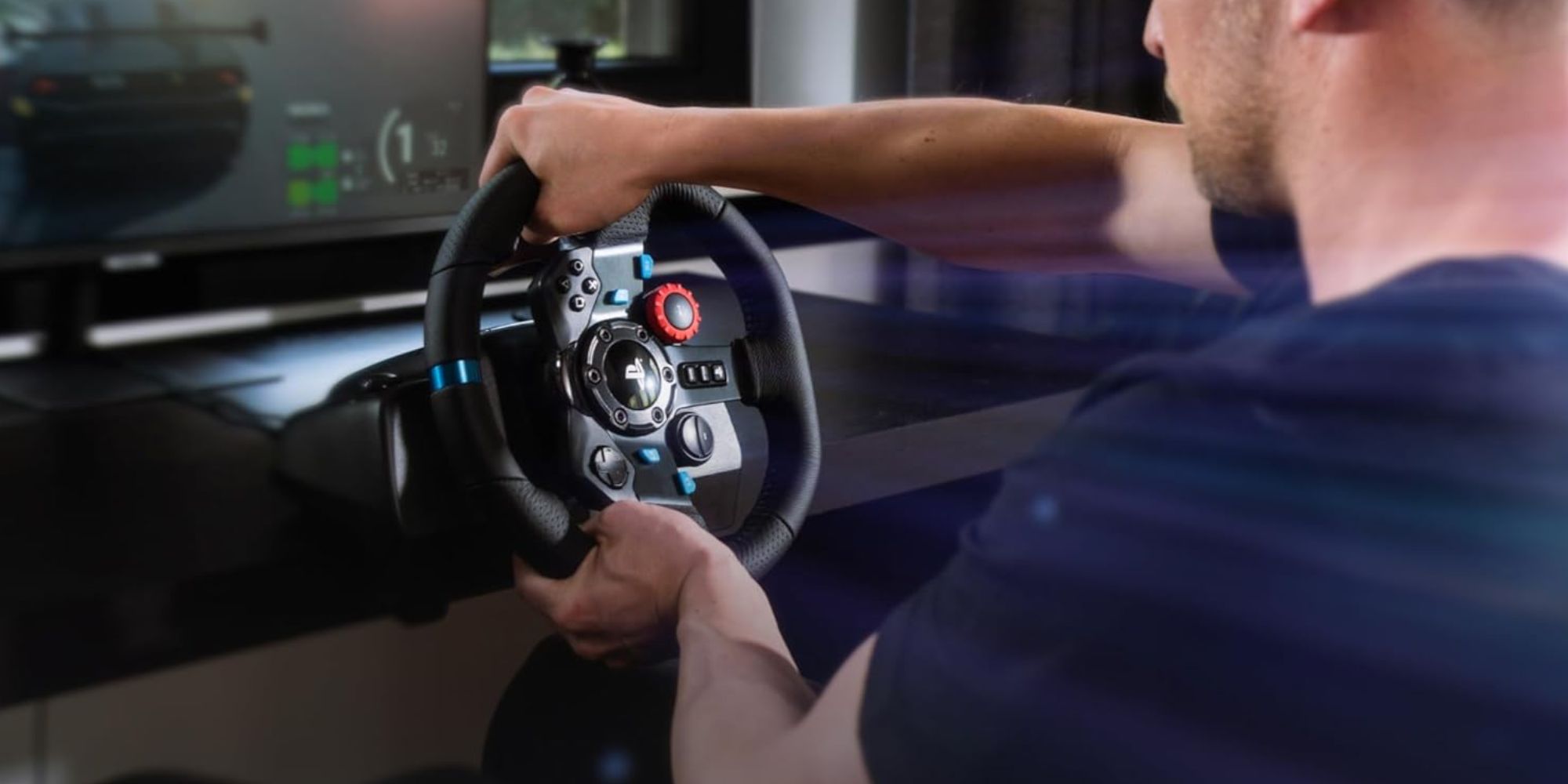 A man holding a steering wheel