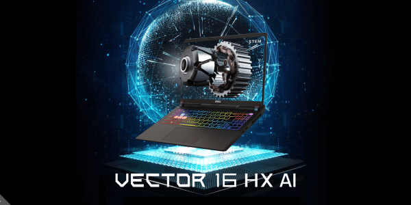 A laptop with a colorful keyboard and a gear in the screen