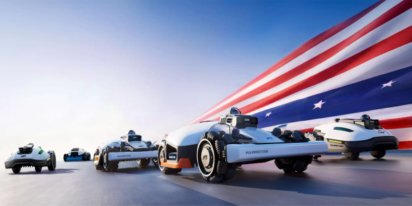 A race cars on a road with a flag in the background
