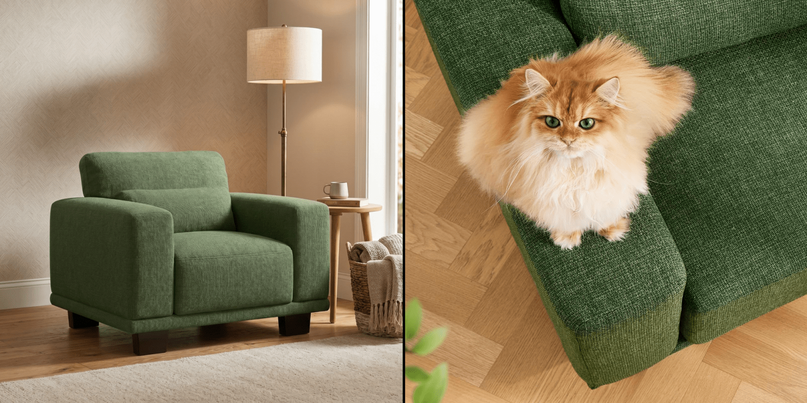 A cat sitting on a green couch