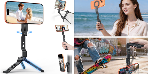 A collage of a selfie stick