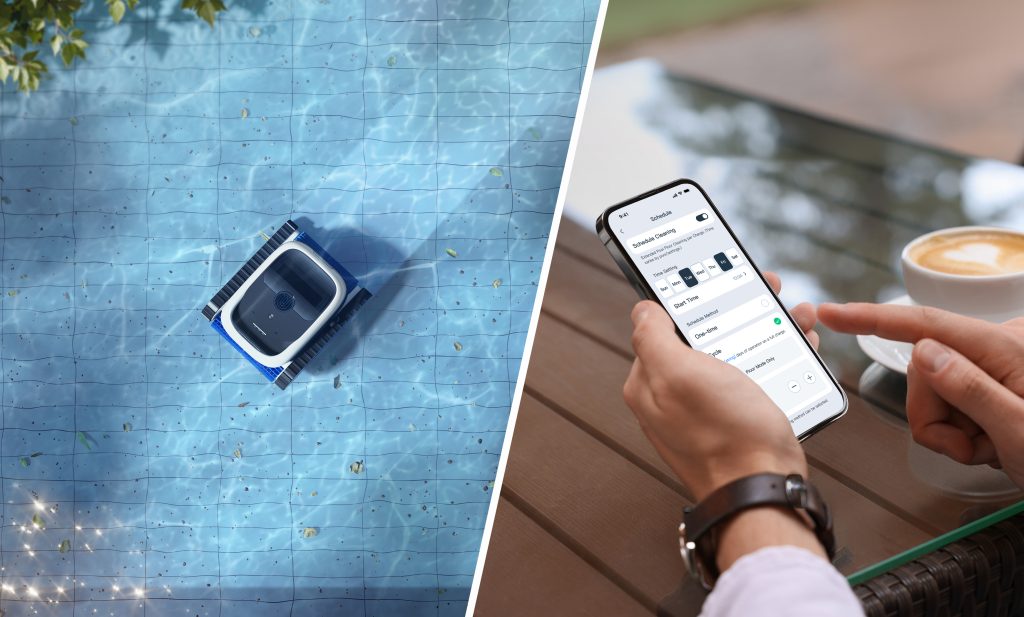 A person holding a phone and a robot swimming in water