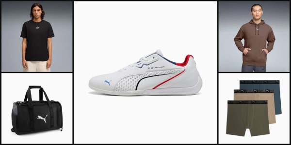 A white shoe with red and blue stripes