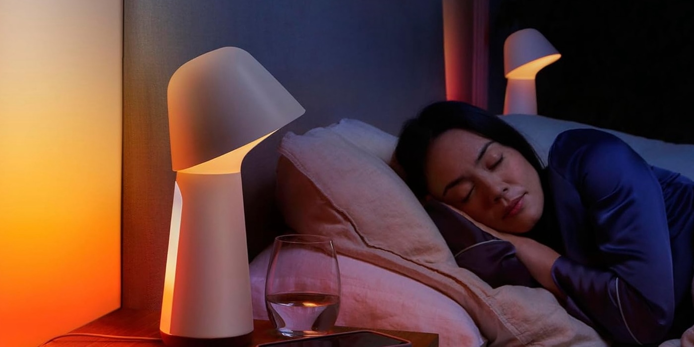 A woman sleeping in bed with a lamp on the side table