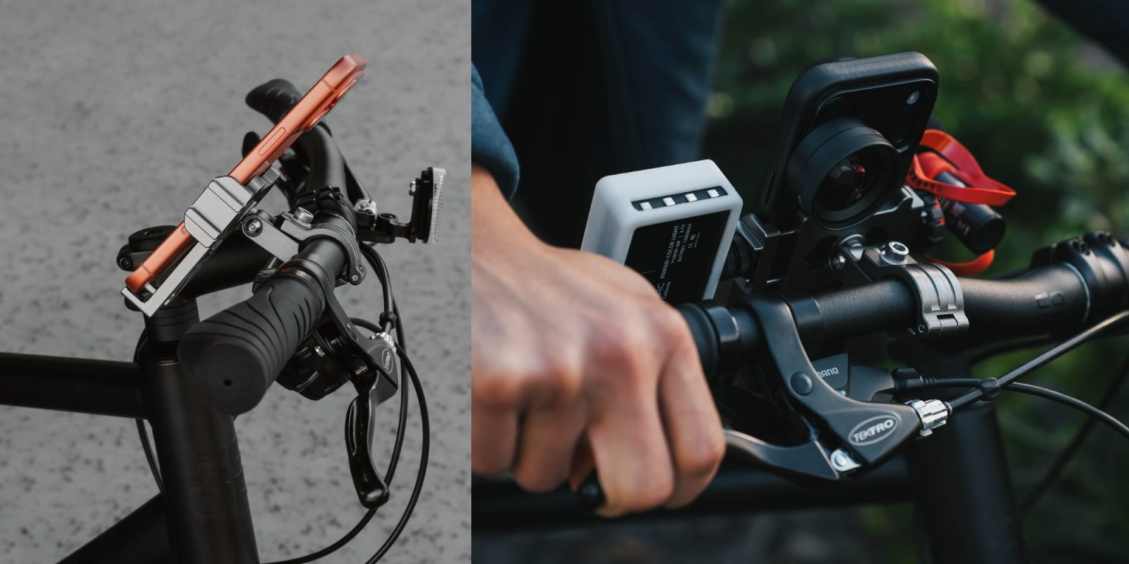 A hand holding a phone on a bicycle handlebar