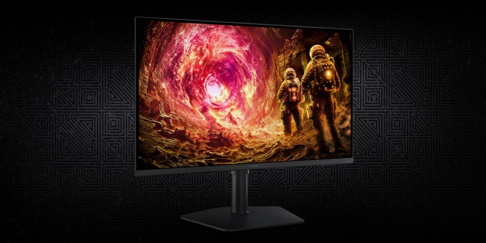 A computer monitor with a picture of two men