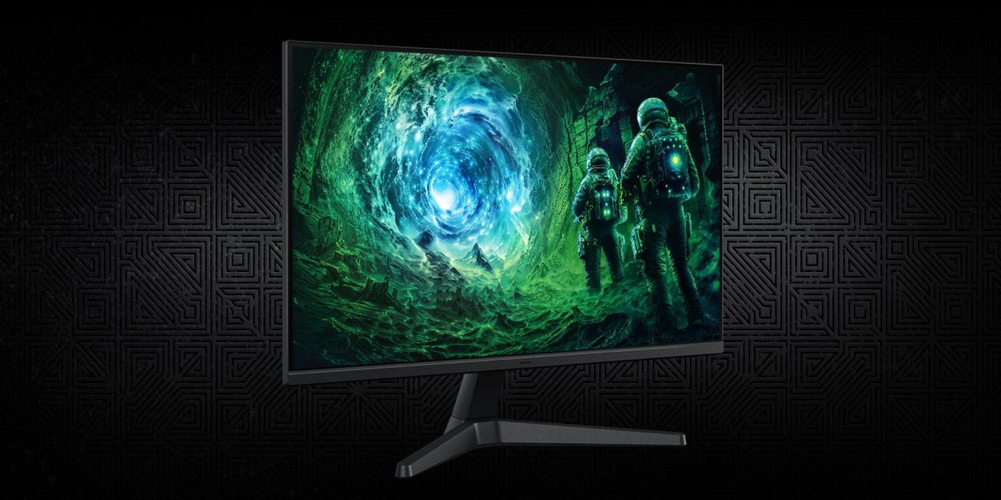 A computer monitor with a picture of two soldiers