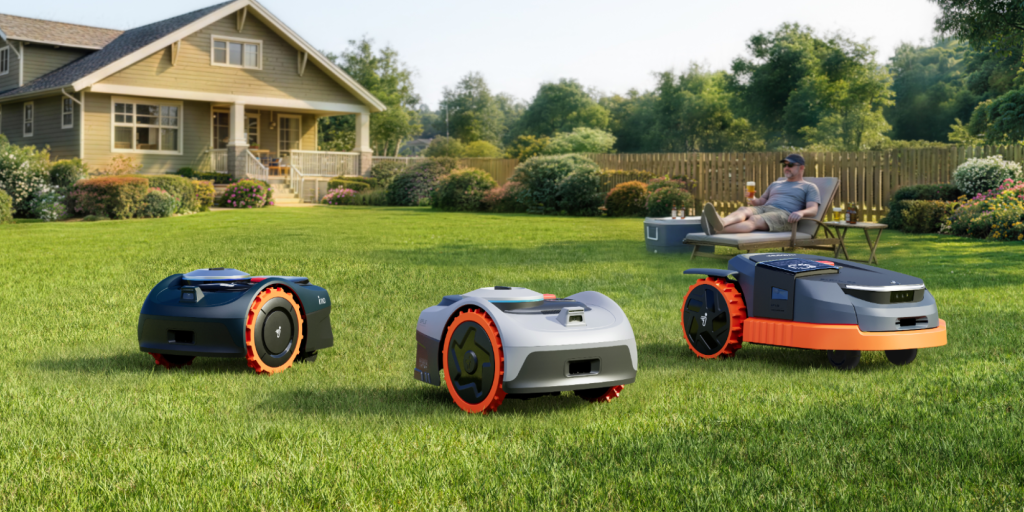 A group of robots in a yard