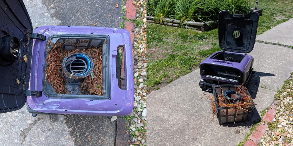 A purple box with a vent and a blue box with a black lid