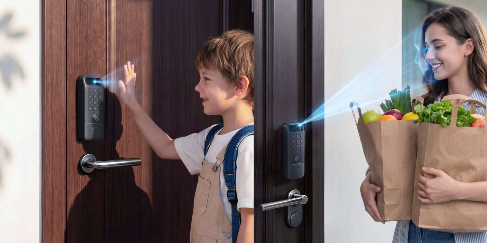 A child reaching out to a door with a keypad