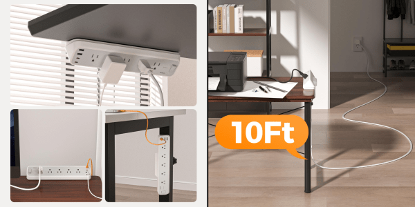 A collage of a desk with a power strip