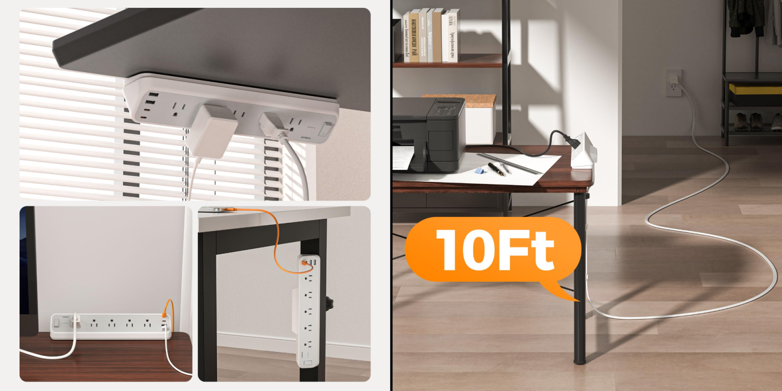 A collage of a desk with a power strip