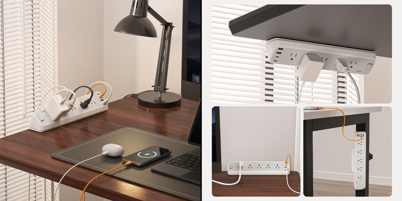 A computer desk with a power strip and a phone on it