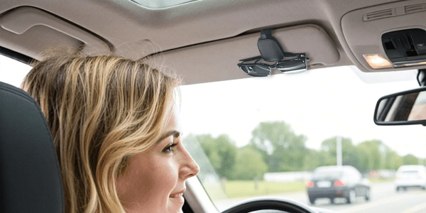 A woman in a car looking at a sun visor