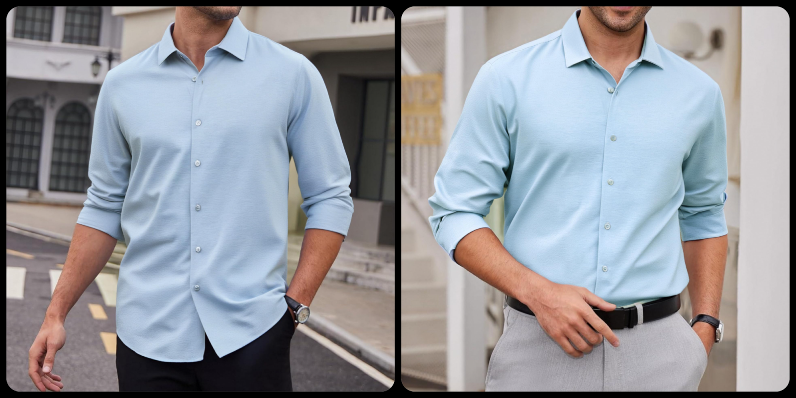 A collage of a man wearing a blue shirt