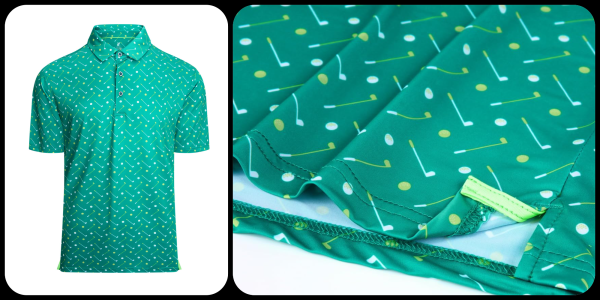 A green shirt with white and yellow golf clubs on it