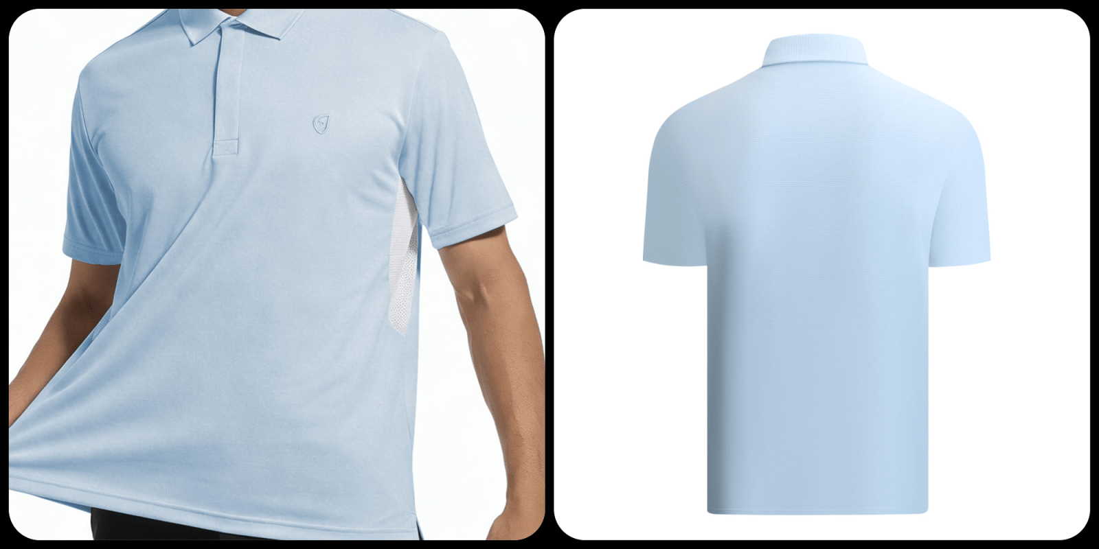 A man wearing a light blue polo shirt