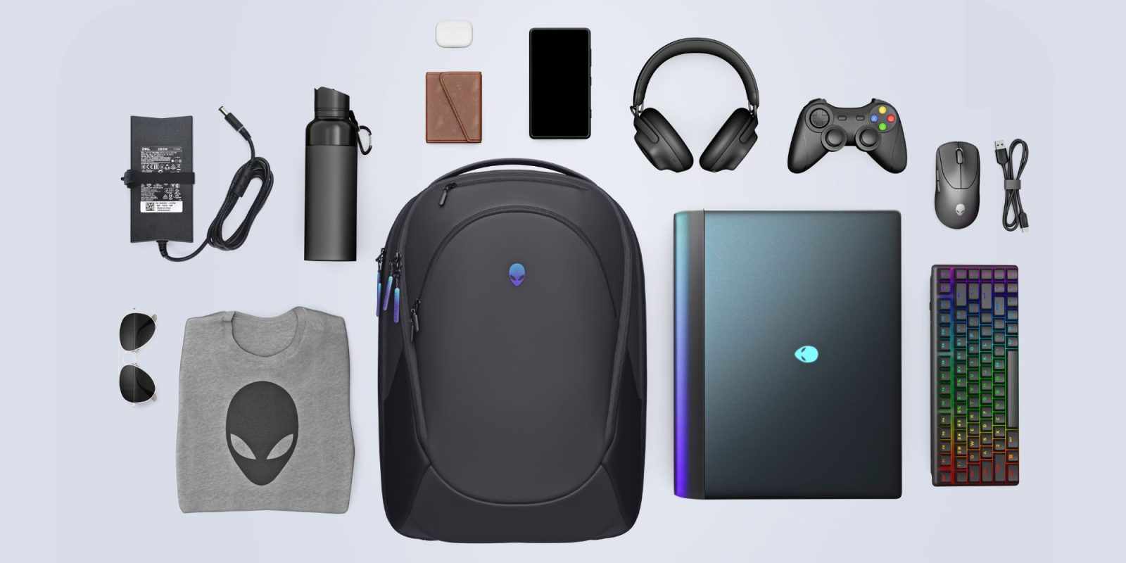 A backpack and objects on a white background