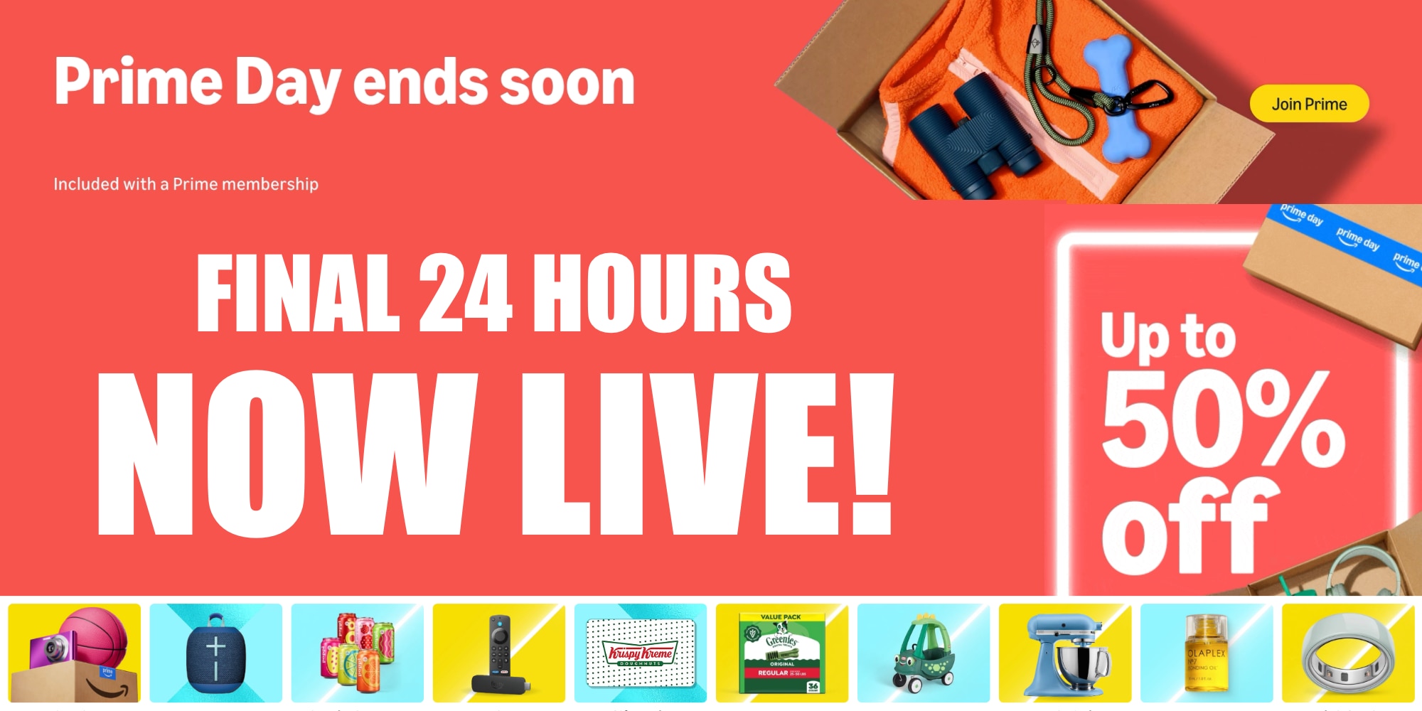 A red background with a box of items