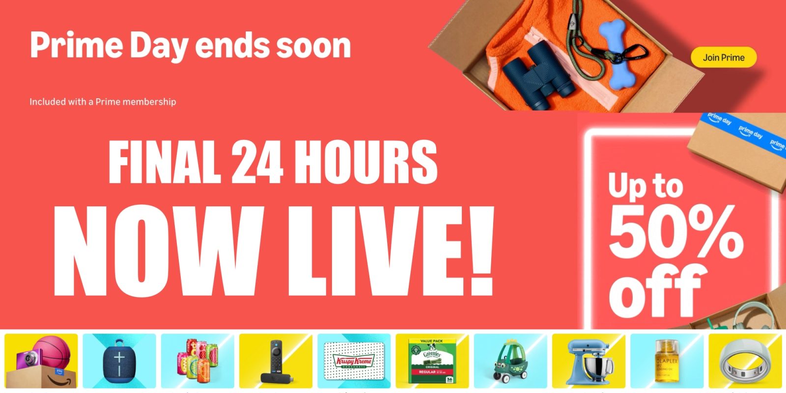 A red background with a box of items