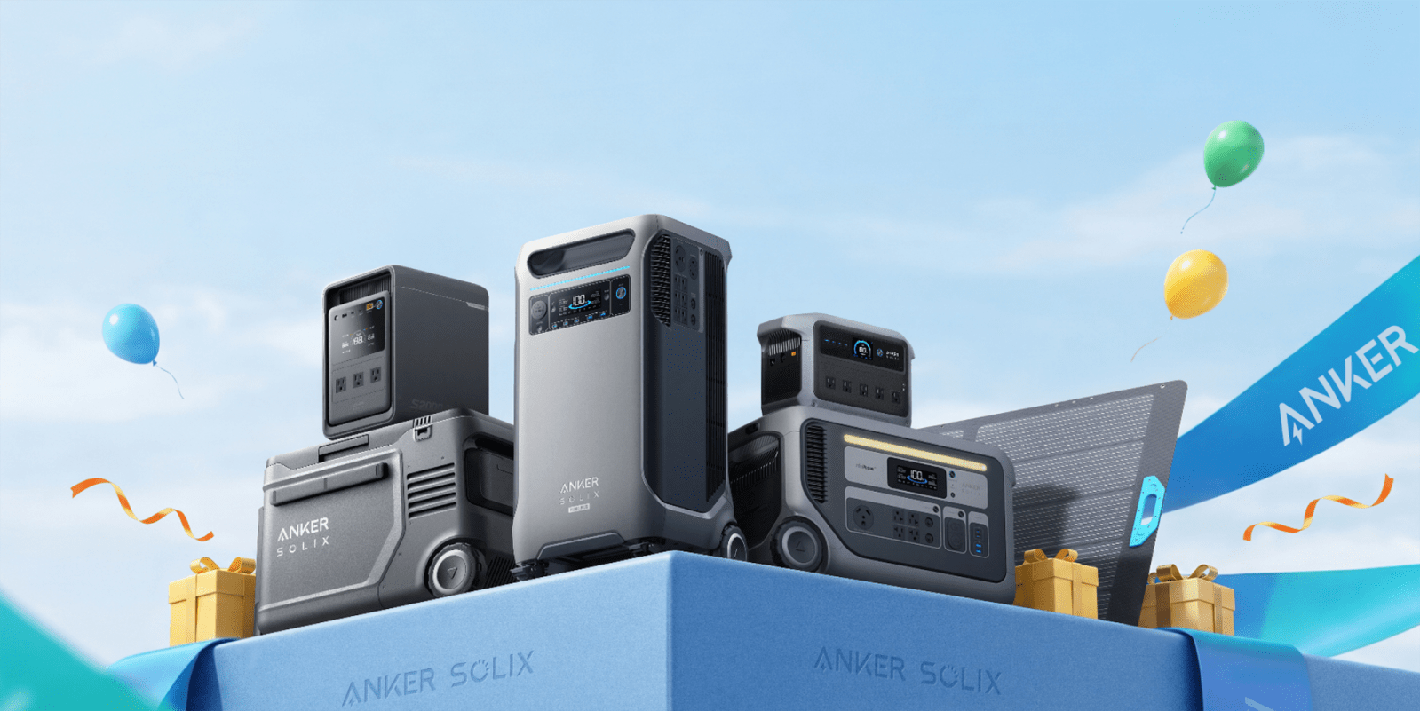 A group of electronic devices on a blue box